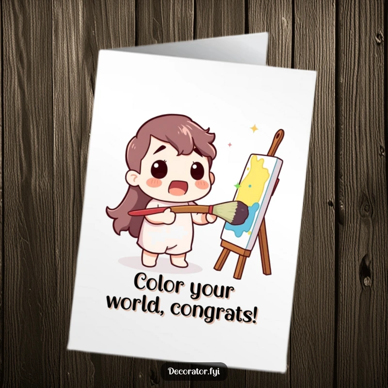 Funny Free Printable Congrats Card: Surprised painter with giant brush celebrating an achievement, a vibrant and humorous downloadable.