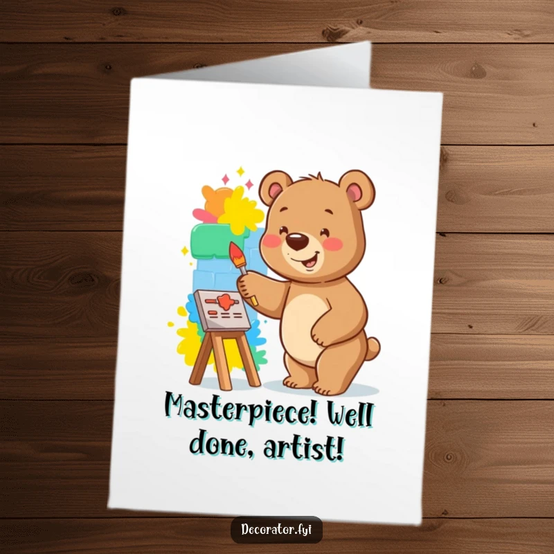 Funny Free Printable Congratulations Card: Smiling bear painting a vibrant mural on a small wall, a fun depiction of success.