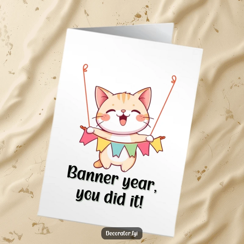 Funny Free Printable Congrats Card: A happy cat gleefully hangs a festive banner, celebrating their wonderful achievement!