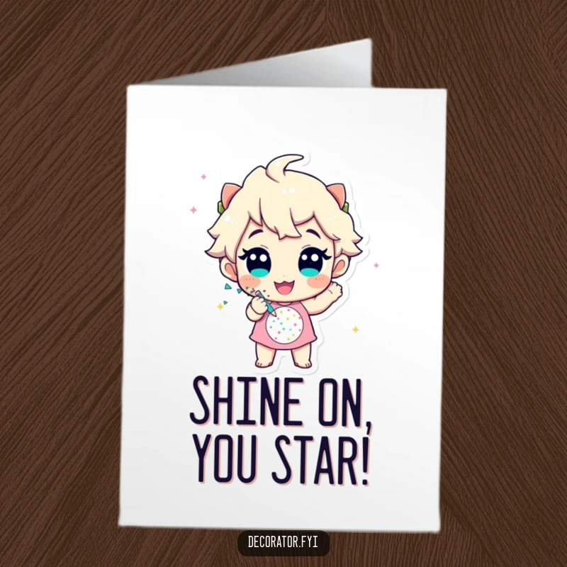 Funny Free Printable Congratulations Card: A cheerful character enthusiastically applying glitter to a festive design for a win.