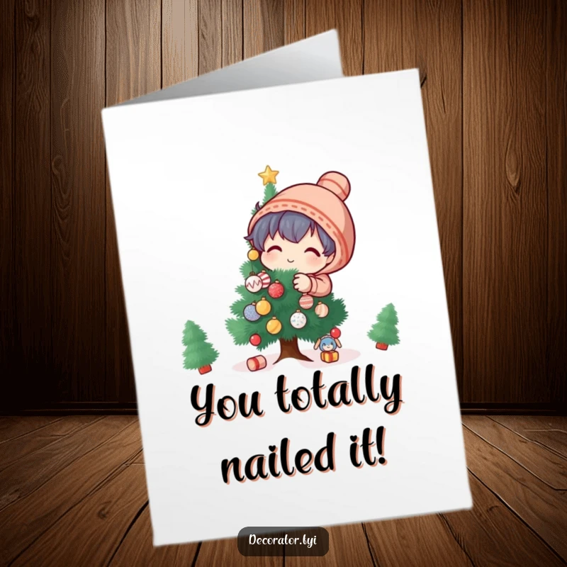 Funny Free Printable Congrats Card: Playful character decorating a tree, symbolizing the festive celebration of a major accomplishment.