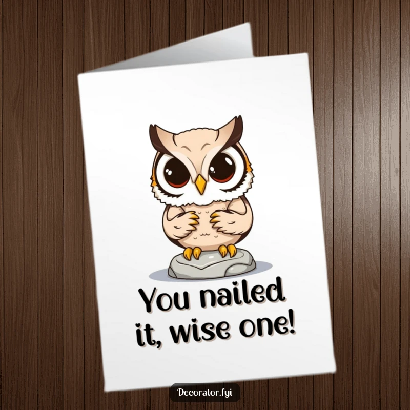 Funny Free Printable Congratulations Card: Determined owl places statue, celebrating success with quiet humor, downloadable.