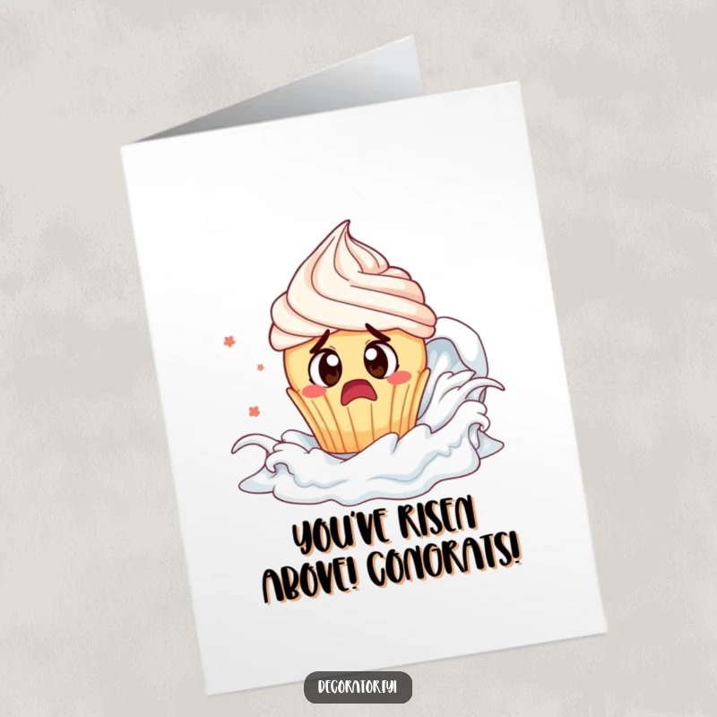 Funny Free Printable Congratulations Card: A scared cupcake flees a frosting wave, celebrating your survival!