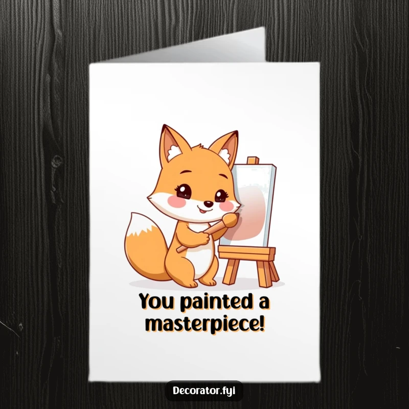 Funny Free Printable Congrats Card: Fox artist smiles at a canvas, celebrating your brilliant creative achievement.