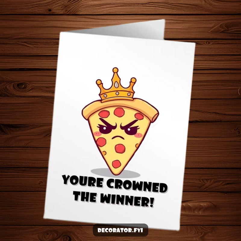 Funny Free Printable Congratulations Card: Grumpy pizza slice wearing a tiny crown, exuding royal disapproval for an achievement.