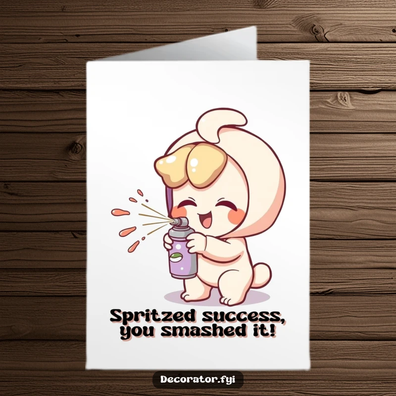 Funny Free Printable Congrats Card: A giggling character playfully spritzes paint, celebrating your colorful and brilliant success.