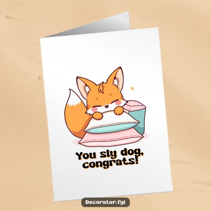 Funny Free Printable Congratulations Card: Mischievous fox character winking while arranging a pile of cushions, celebrating achievement with flair.