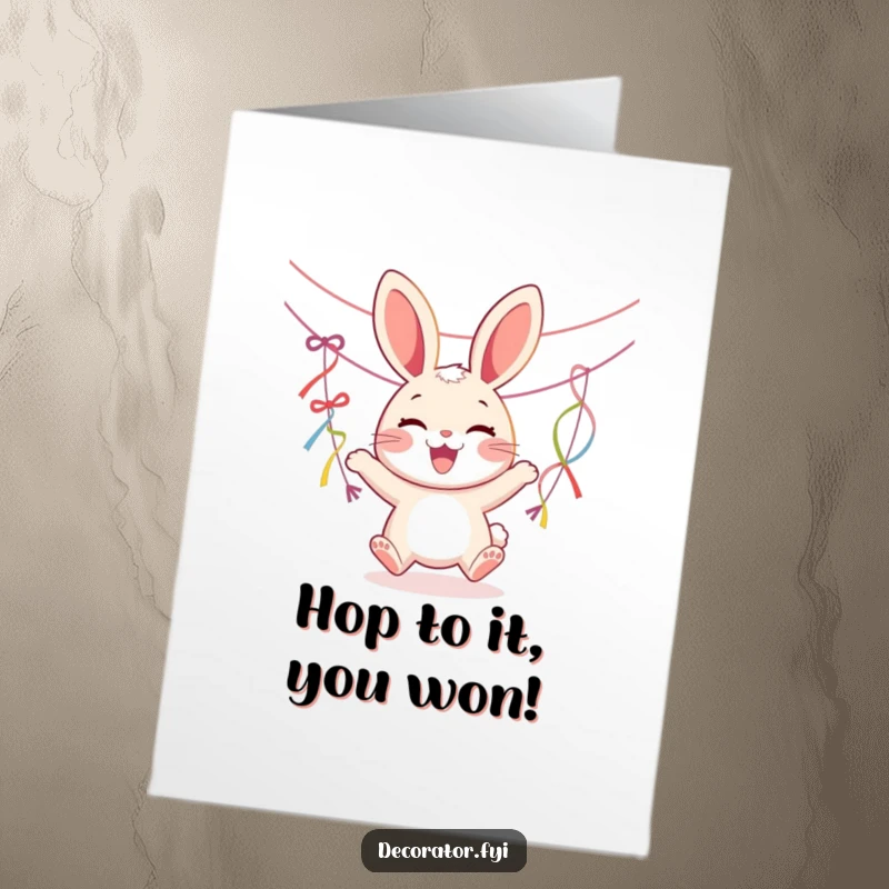 Funny Free Printable Congratulations Card: Joyous rabbit character in a cheerful bounce, hanging colorful streamers to celebrate success.