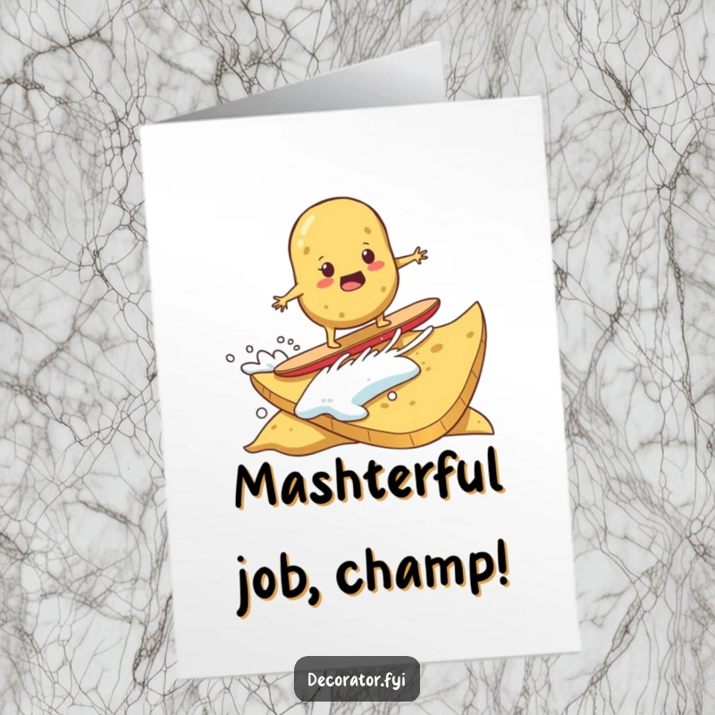Funny Free Printable Congratulations Card: A determined potato riding a giant potato chip like a surfboard, celebrating a big win.