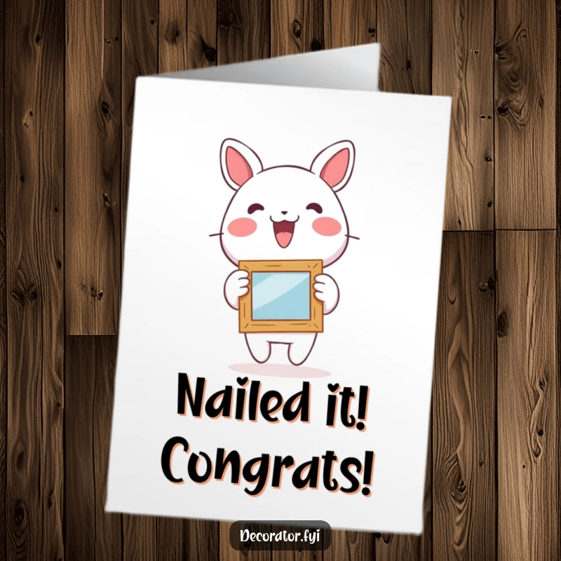 Funny Free Printable Congratulations Card: Animated character enthusiastically hangs a small, delightful picture frame, celebrating achievements.