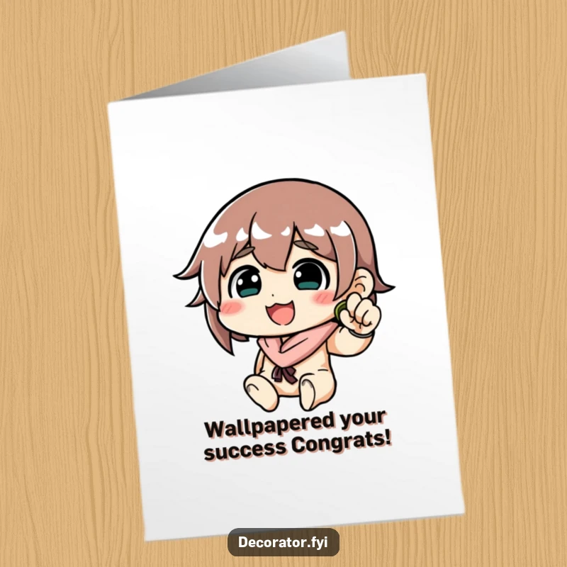 Funny Free Printable Congratulations Card: Determined character with a huge smile, expertly applying wallpaper, celebrating a fresh start.