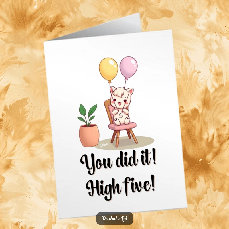 Funny Free Printable Congrats Card: Mischievous character tying balloons to a chair as a congratulatory prank.