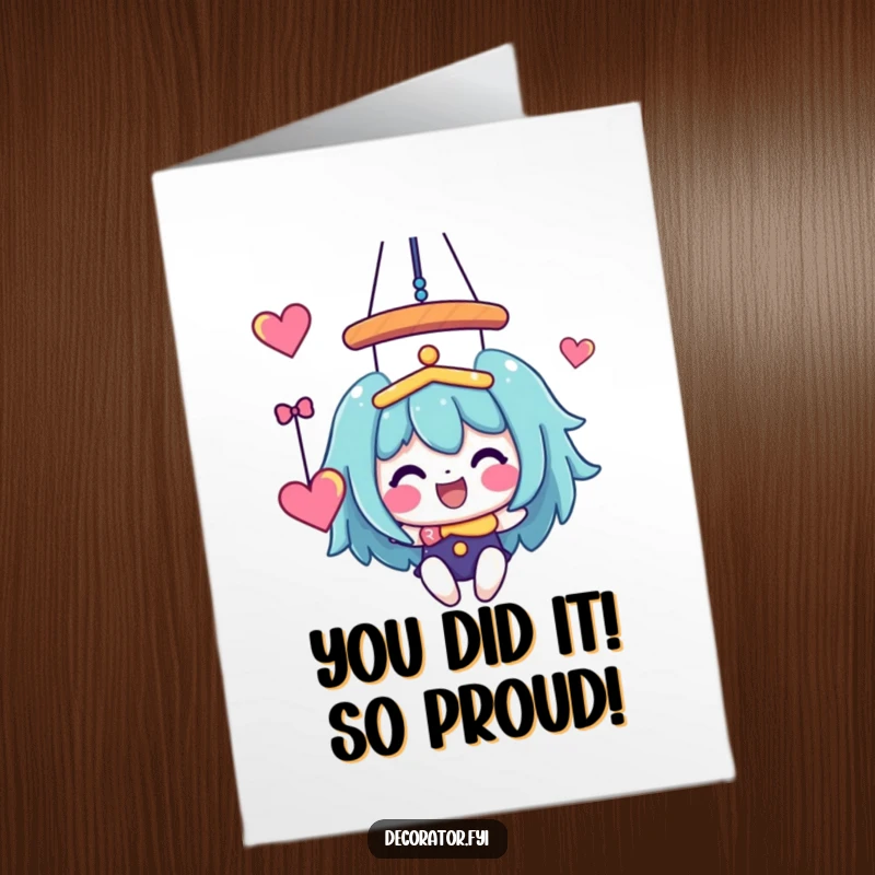 Funny Free Printable Congratulations Card: Character happily hangs a whimsical mobile, a cheerful DIY gift idea.