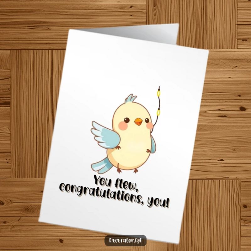 Funny Free Printable Congratulations Card showing a happy bird hanging festive lights to celebrate an occasion.