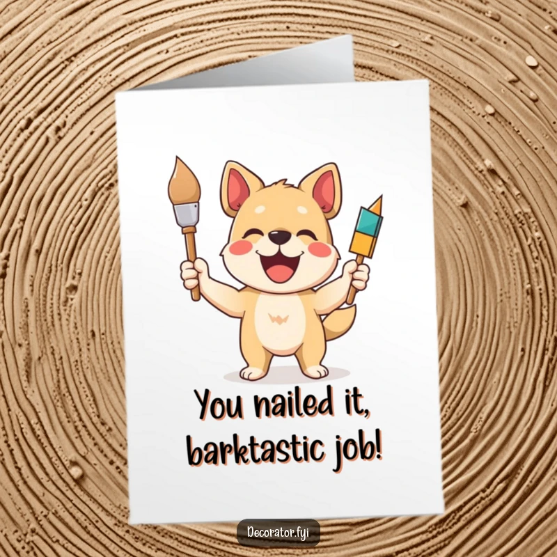 Funny Free Printable Congratulations Card: A proud dog holds a paintbrush, celebrating a successful project or achievement.