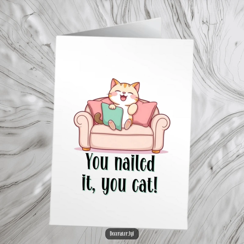 Funny Free Printable Congratulations Card showing a cat meticulously arranging sofa cushions with glee.