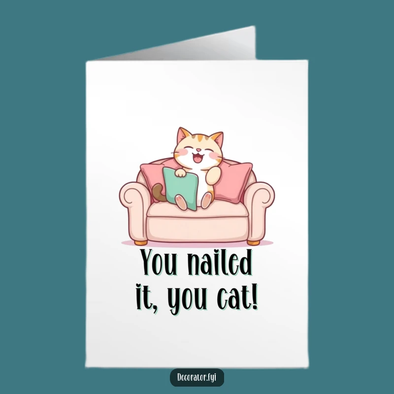 Free Printable Congrats Card: Cat Decorator Celebrates Success, Funny Downloadable Gift!