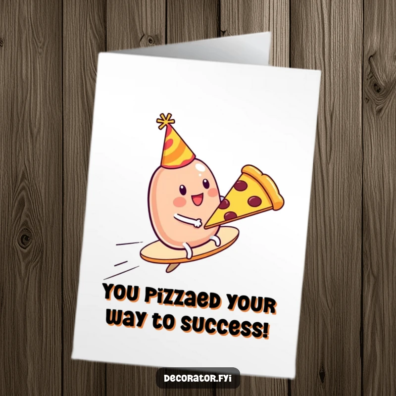 Funny free printable congratulations card showing a jelly bean on a pizza slice soaring through the sky, celebrating success.
