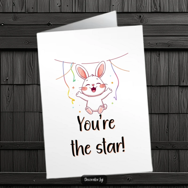 Funny Free Printable Congratulations Card: A cheerful rabbit bounces with excitement while decorating with colorful streamers.