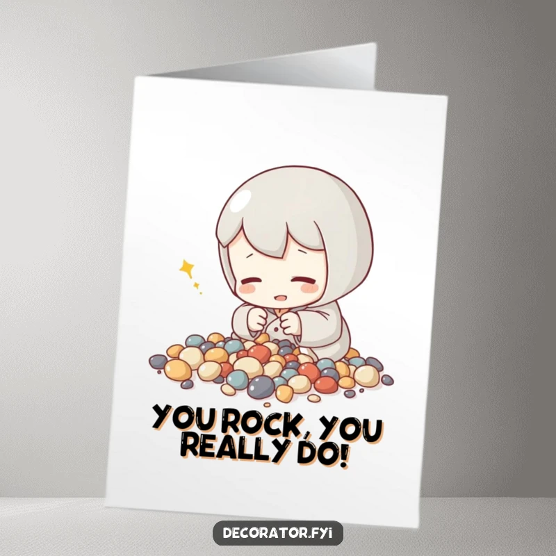 Free Printable Congrats Card: Content character humming while arranging tiny decorative stones for congratulations.