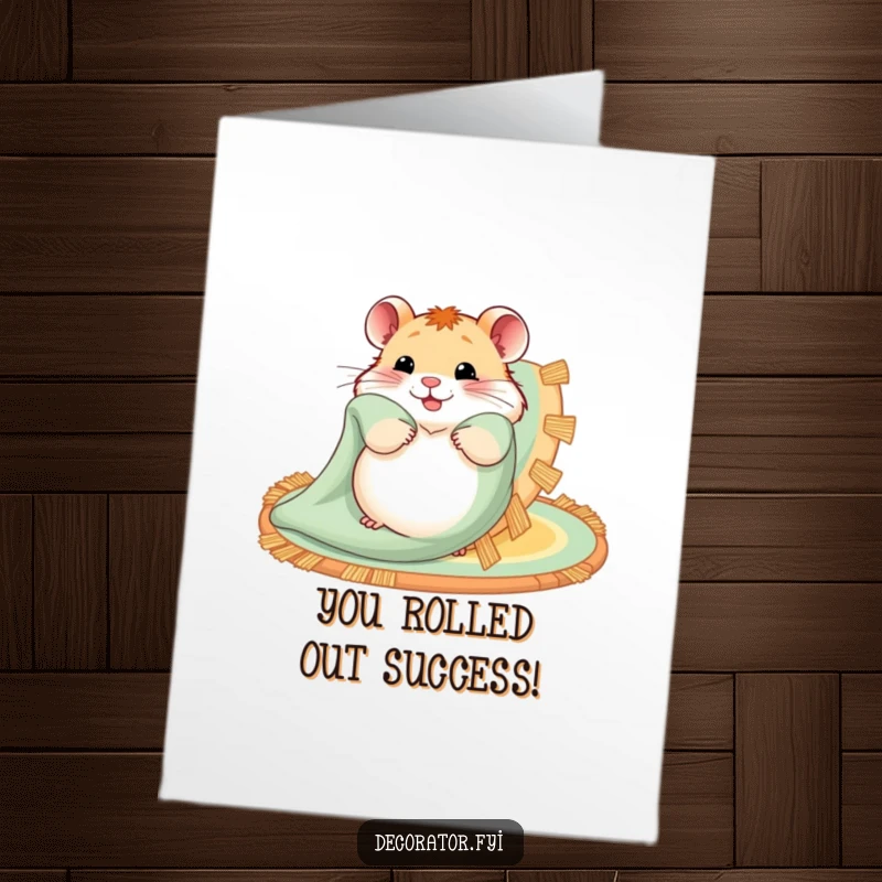 Funny Free Printable Congrats Card: Hamster unfurls a bright rug, marking a cozy and successful new chapter.
