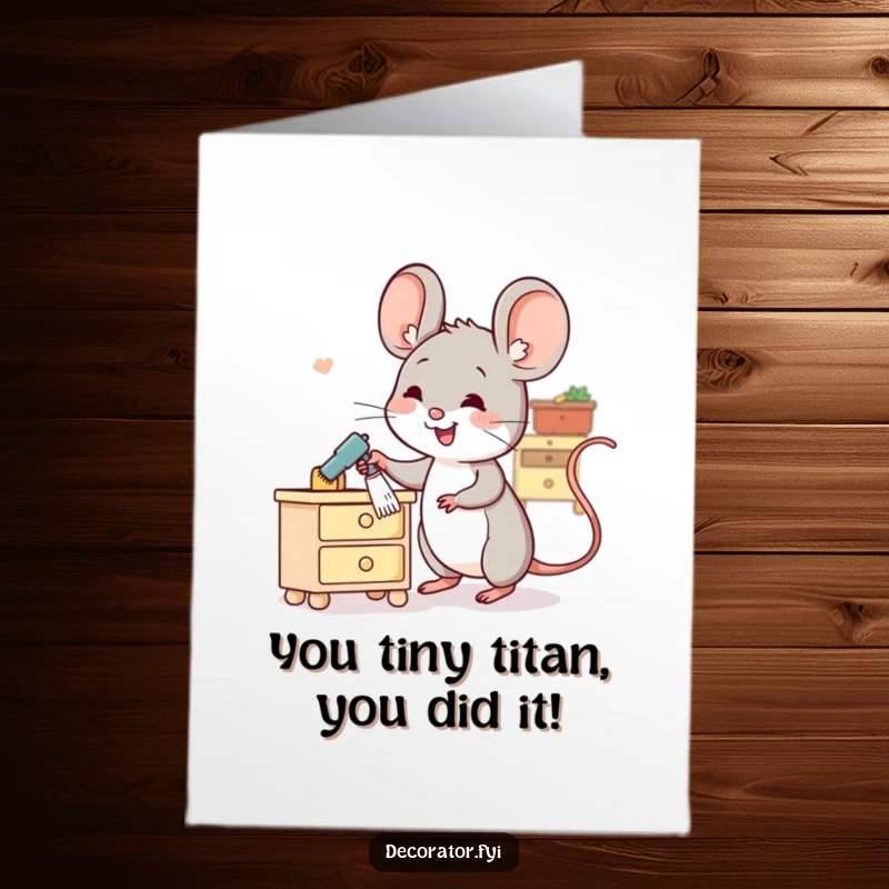 Funny Free Printable Congratulations Card: Cheerful mouse dusting miniature furniture, celebrating a clean sweep of success.