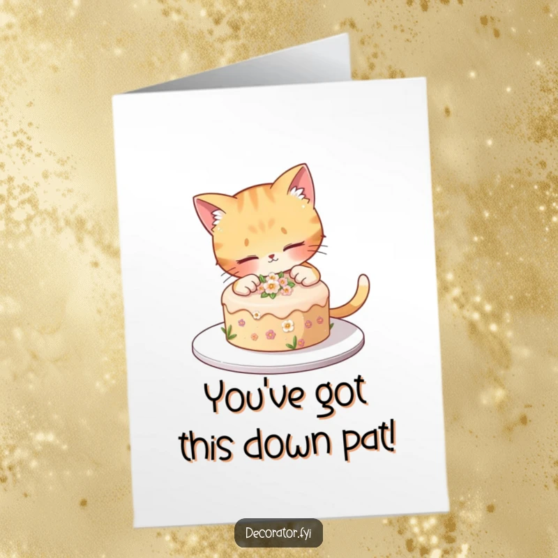 Funny Free Printable Congrats Card: Curious cat decorates a small cake with tiny flowers, a humorous downloadable gift.