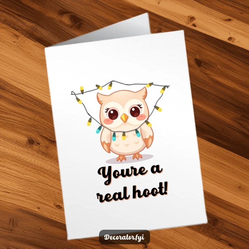 Funny Free Printable Congratulations Card: Giggling owl gleefully draping twinkling lights, celebrating success with joy.