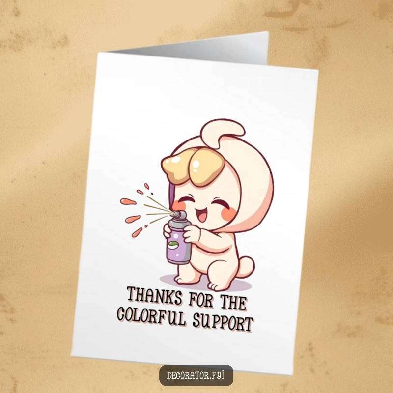 Funny Free Printable Thank You Card: A giggling character playfully spritzes paint, expressing thanks for creative inspiration.