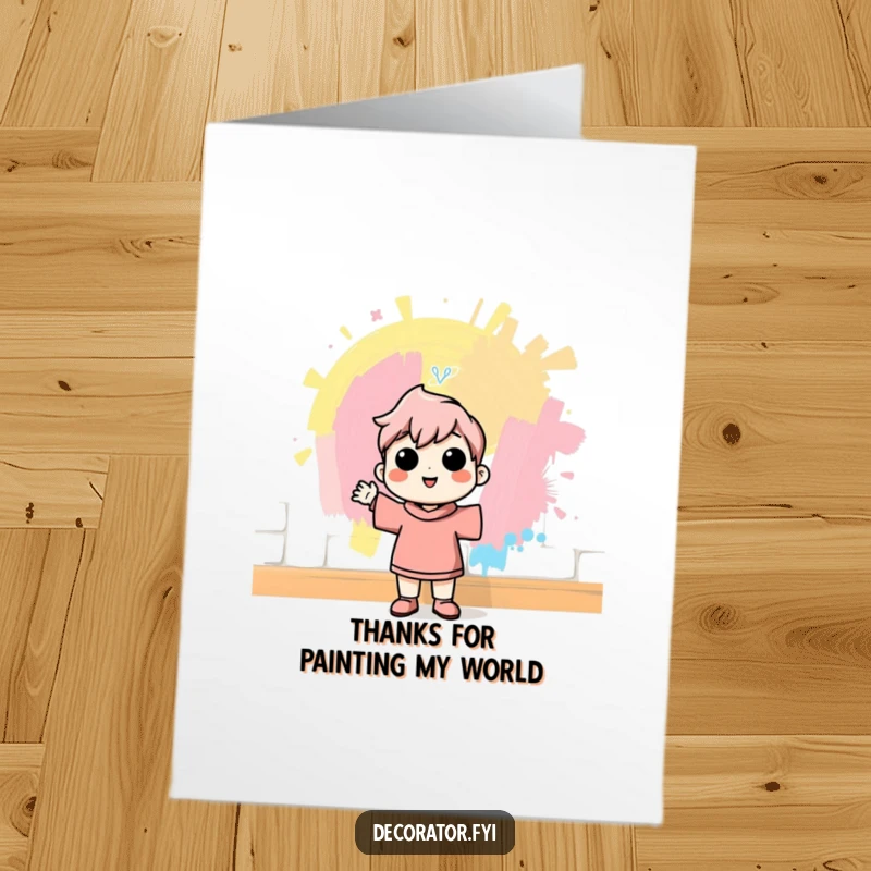 Funny Free Printable Thank You Card: Cheerful character proudly surveys a freshly painted wall, offering thanks with artistic flair.
