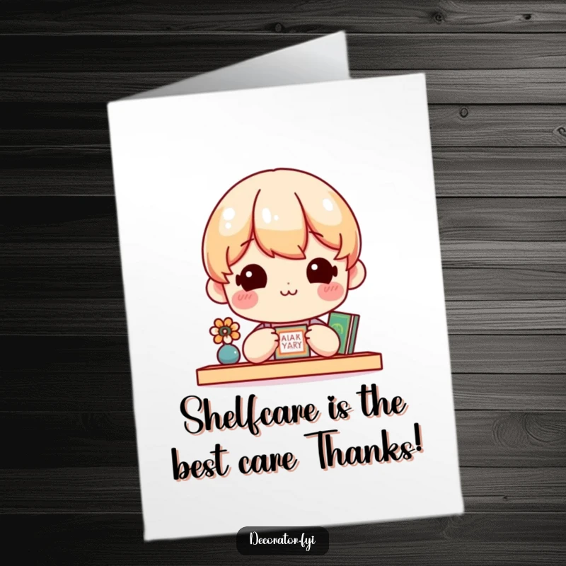 Funny Free Printable Thank You Card: Cheerful character with a satisfied smile admiring a beautifully arranged, small display shelf.