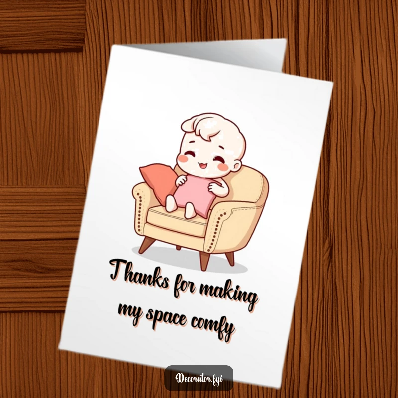 Funny Free Printable Thank You Card: Character arranging cushions, offering heartfelt thanks with a charmingly funny demeanor.