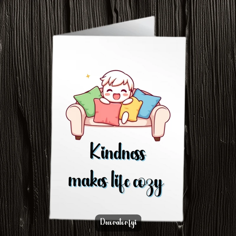 Funny Free Printable Thank You Card: Character gleefully arranges colorful cushions on a sofa.