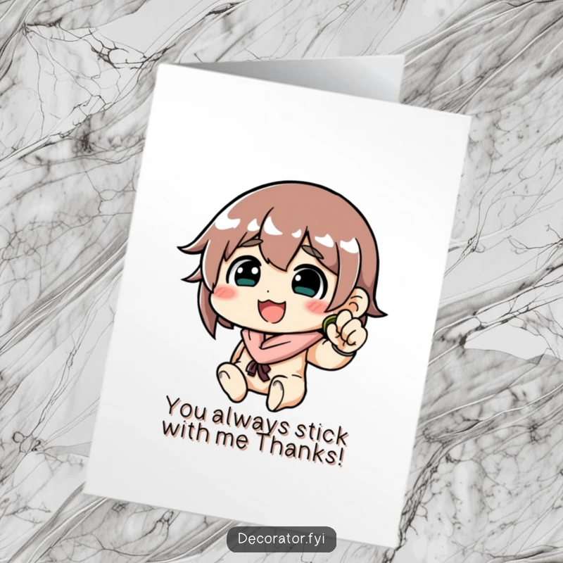 Funny Free Printable Thank You Card: Determined character with a big, satisfied smile carefully applying wallpaper, showing dedication.