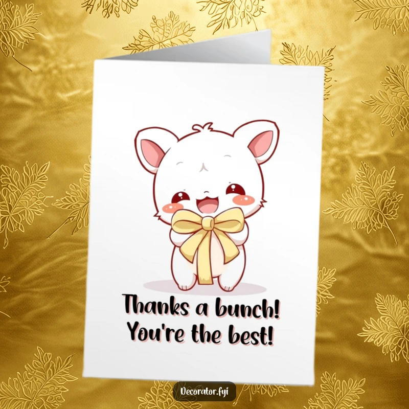 Funny Free Printable Thank You Card: Character excitedly ripping open a ribboned gift, conveying happy surprise and gratitude.