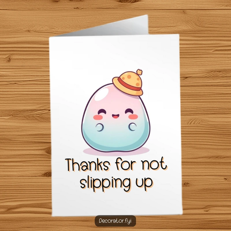 Funny Free Printable Thank You Card: A jelly blob struggles to keep a tiny hat on, showing thanks.