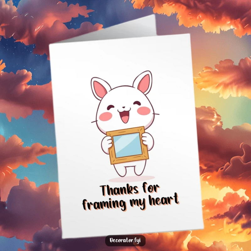 Funny Free Printable Thank You Card: Lively character excitedly hangs a charming picture frame, conveying sincere thanks with humor.