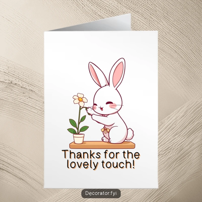 Funny Free Printable Thank You Card: Perky rabbit carefully placing a delicate flower on a shelf, offering a beautiful and funny thank you.