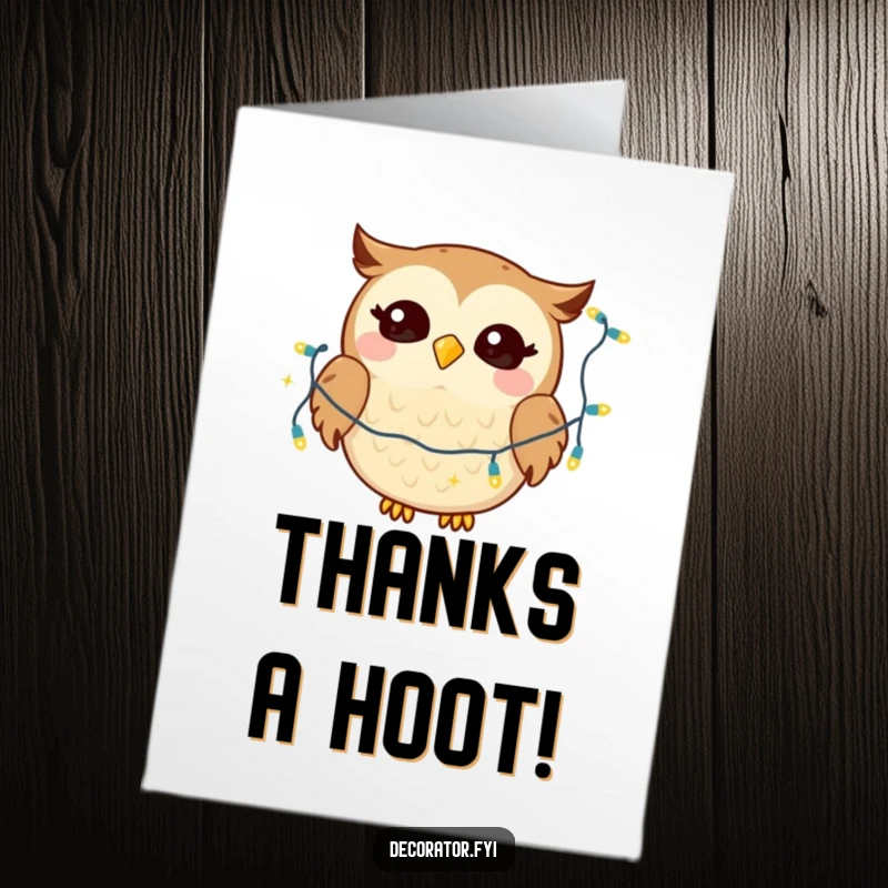 Funny Free Printable Thank You Card: Giggling owl drapes twinkling lights, expressing thanks with joy.