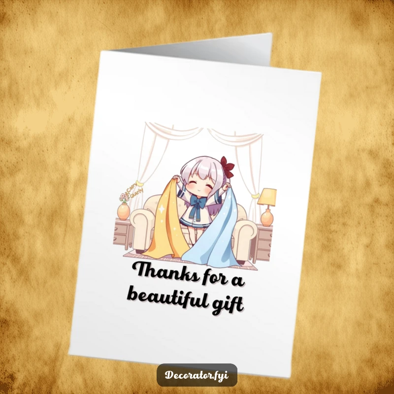 Funny Free Printable Thank You Card: Character gleefully draping shimmering fabric over furniture, a stylish and humorous way to express thanks.