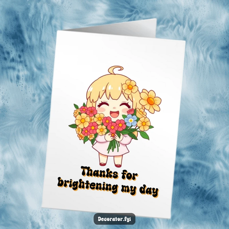 Funny Free Printable Thank You Card: Joyful character smiling while arranging a colorful bouquet, a delightful way to say thanks.