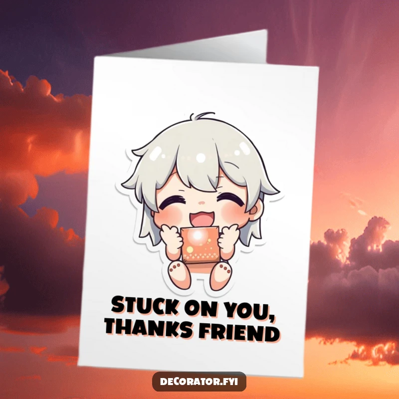 Funny Free Printable Thank You Card: Character joyfully adds a shiny sticker to a surface, expressing thanks with a happy glow.