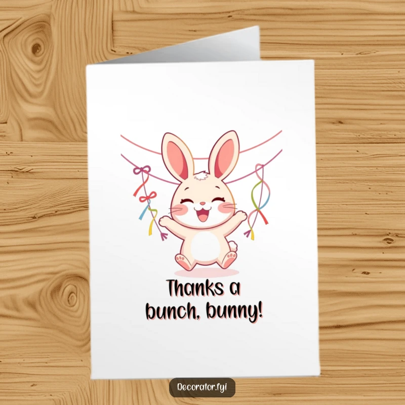Funny Free Printable Thank You Card: Joyous rabbit character happily bouncing while hanging colorful streamers, conveying sincere thanks.