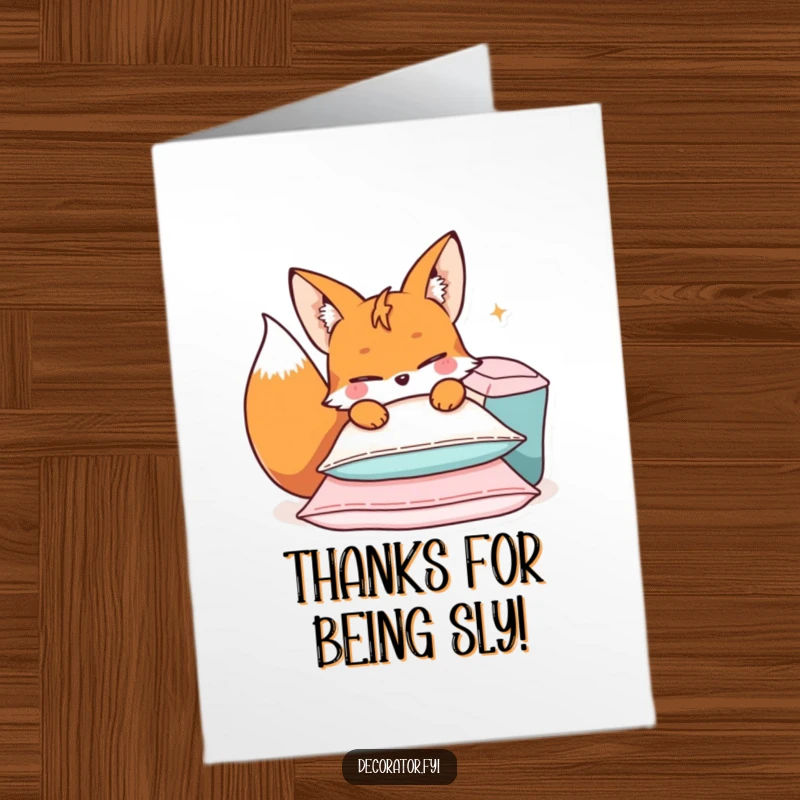 Funny Free Printable Thank You Card: Mischievous fox character arranging a playful pile of cushions with a knowing wink, expressing thanks.
