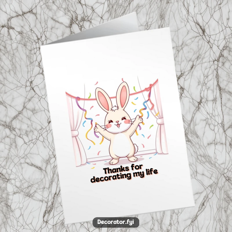 Funny Free Printable Thank You Card: A cheerful bunny busy adorning a space with streamers, expressing thanks with joy.