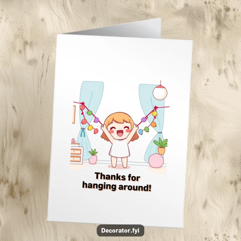 Funny Free Printable Thank You Card of a happy character enthusiastically hanging a colorful garland, adding joy and thanks.