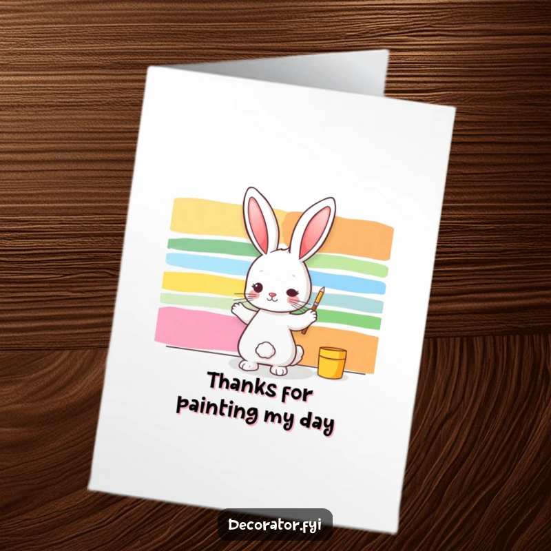 Funny Free Printable Thank You Card where a rabbit artist paints colorful stripes, conveying thanks.