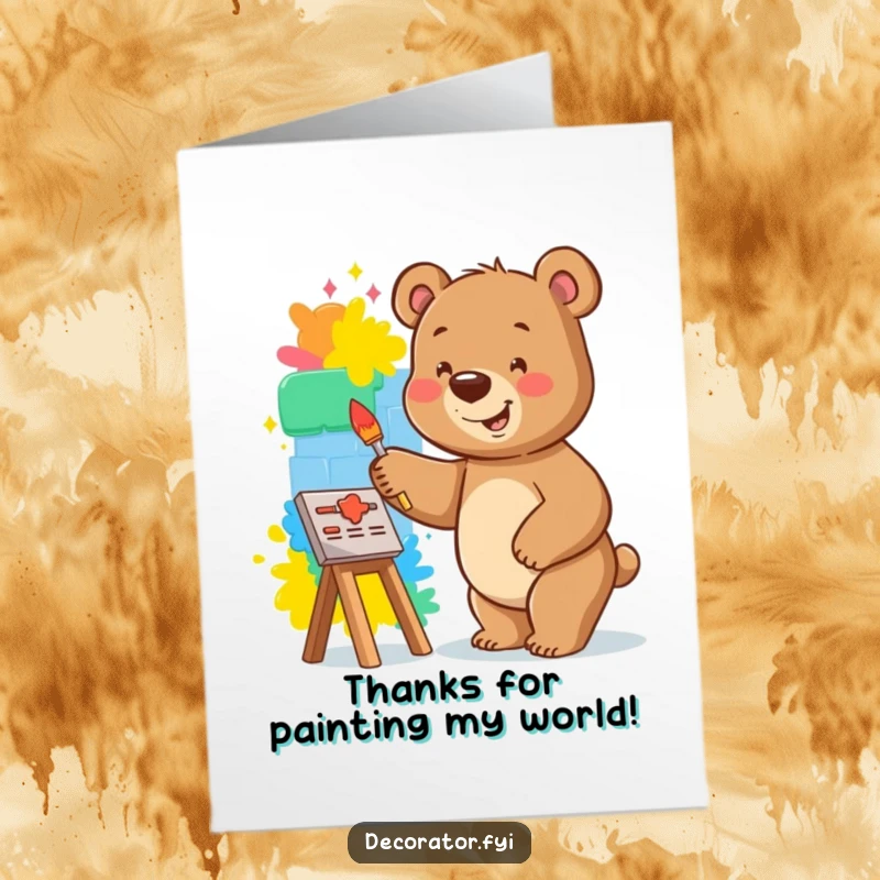 Funny Free Printable Thank You Card: Smiling bear happily painting a vibrant mural on a small wall, offering artistic thanks.
