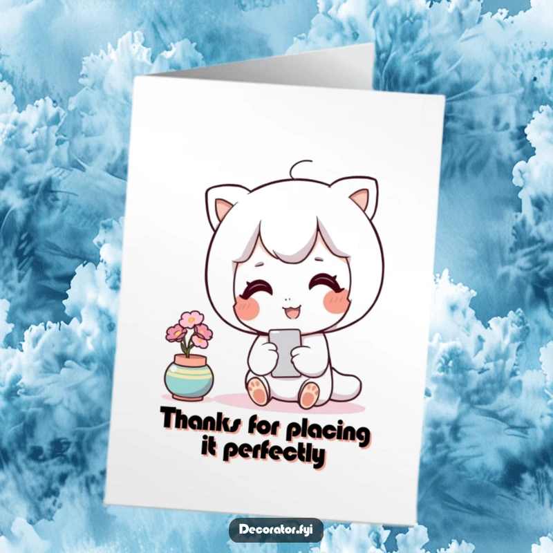 Funny Free Printable Thank You Card: A contented character admires a perfectly placed accent piece, showing appreciation.