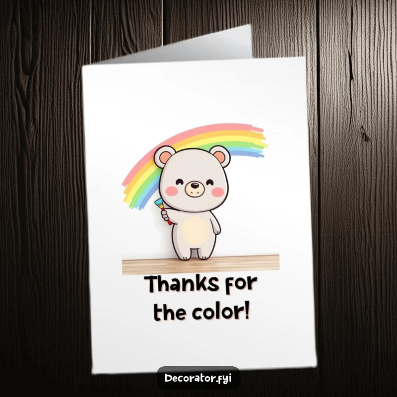 Funny Free Printable Thank You Card: Happy bear cheerfully paints a beautiful rainbow, expressing gratitude.